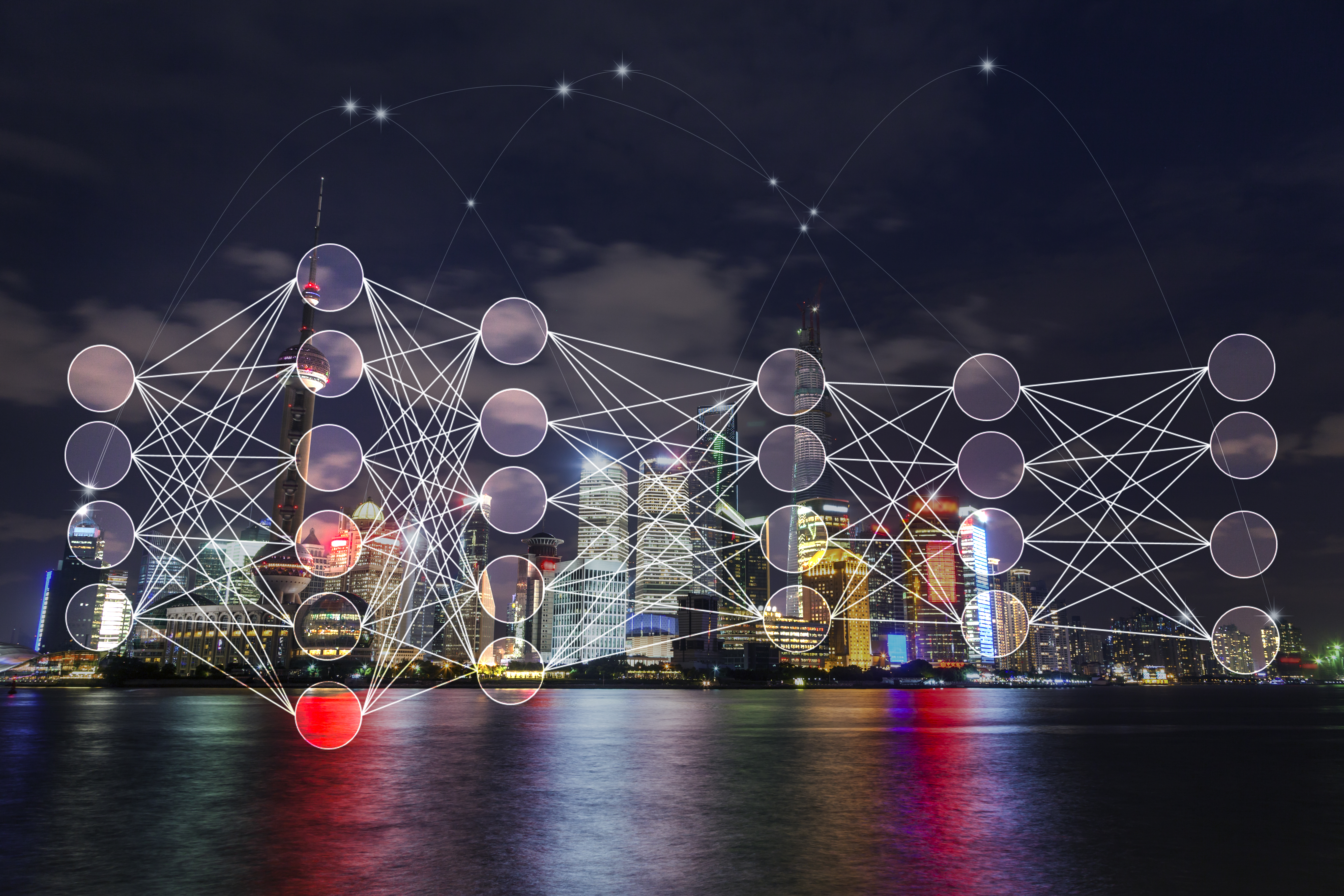 deepl.jpg (Shanghai pudong night scence with neuron deep learning layer...